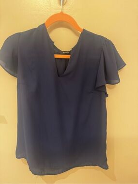 Adiva Navy Flutter-Sleeve Keyhole Blouse